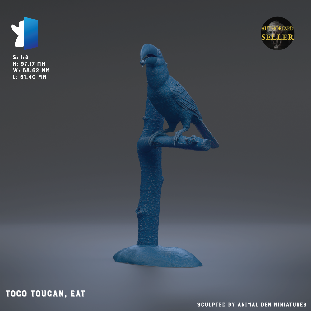 A blue bird statue perched on a branch, with a text overlay that includes the text "TOCO TOUCAN, EAT" and "Sized 1:8" along with dimensions and a "Seller Authorized" logo.