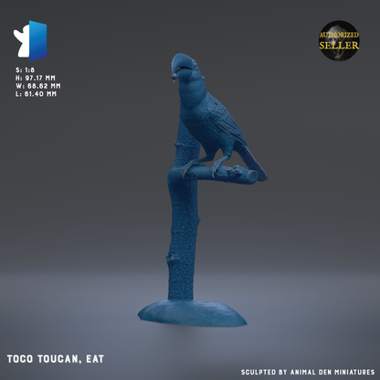 A blue bird statue perched on a branch, with a text overlay that includes the text "TOCO TOUCAN, EAT" and "Sized 1:8" along with dimensions and a "Seller Authorized" logo.