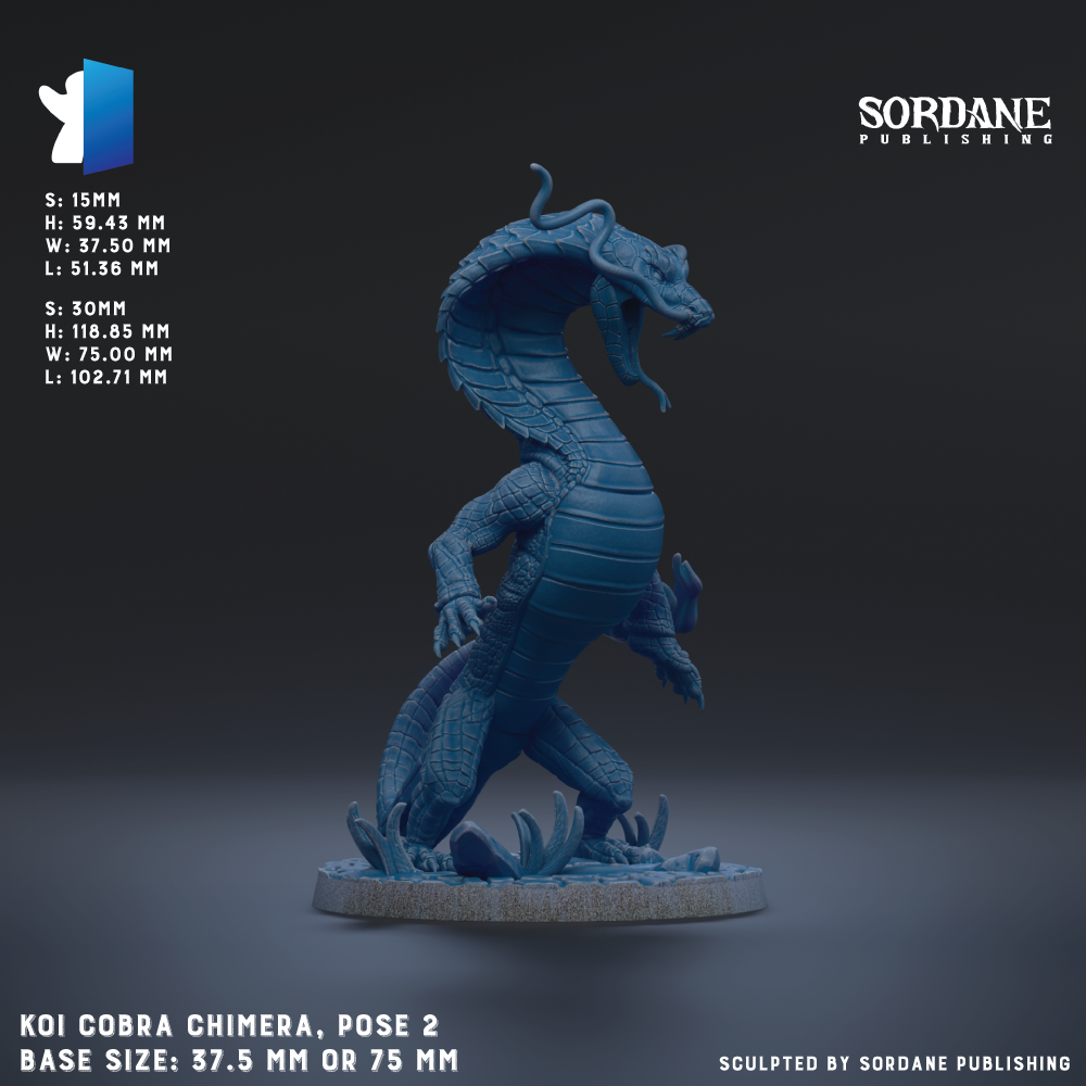 a blue cobra chimaera figurine, which is a pose model of a cobra. The figurine is shown in a dynamic, standing position with its head raised and its body twisted. The base size of the figurine is 37.5 mm or 75 mm, depending on the perspective. The image is published by Sordane Publishing.
