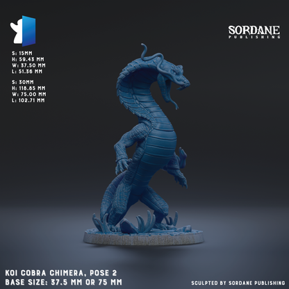 a blue cobra chimaera figurine, which is a pose model of a cobra. The figurine is shown in a dynamic, standing position with its head raised and its body twisted. The base size of the figurine is 37.5 mm or 75 mm, depending on the perspective. The image is published by Sordane Publishing.