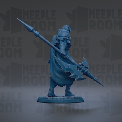 A blue figurine of a warrior holding a spear and shield, standing on a base.