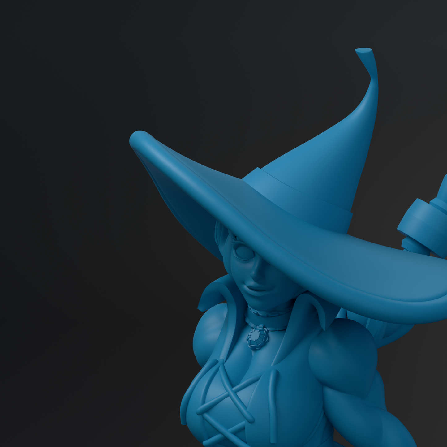 A 3D rendering of a character wearing a large blue hat with a pointed top, standing against a dark background.