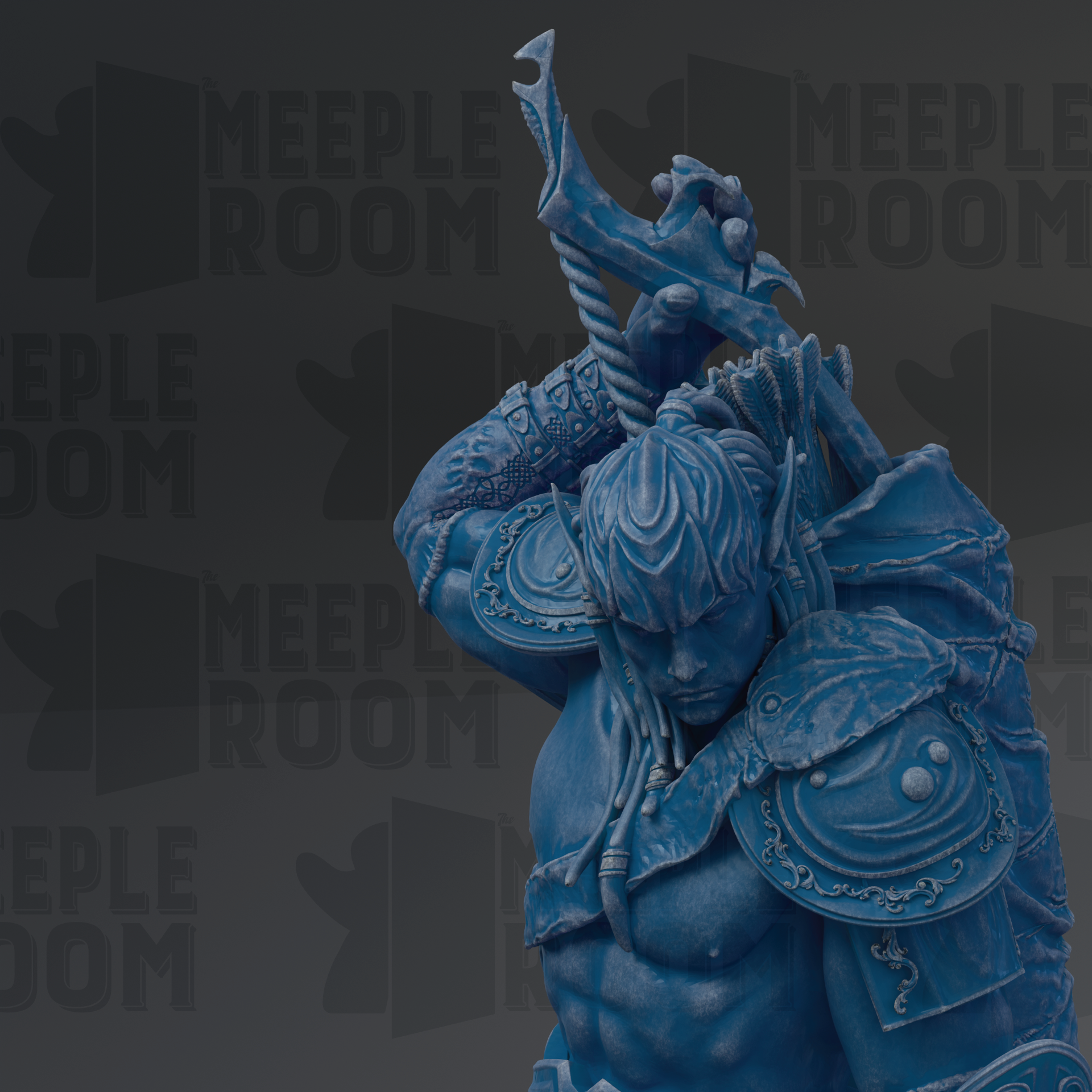 A blue statue of a warrior figure with a sword and shield, standing against a dark background with repeated text.
