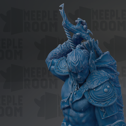 A blue statue of a warrior figure with a sword and shield, standing against a dark background with repeated text.