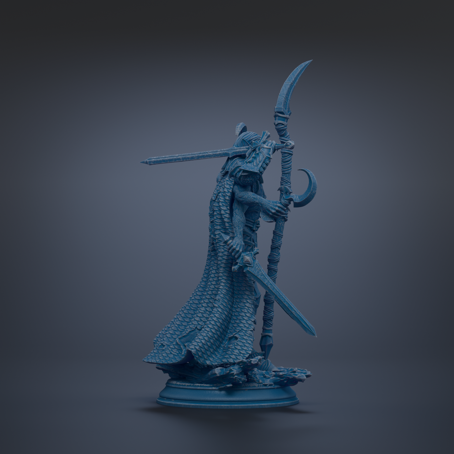 A blue statue of a figure holding a sword and shield, standing on a base.