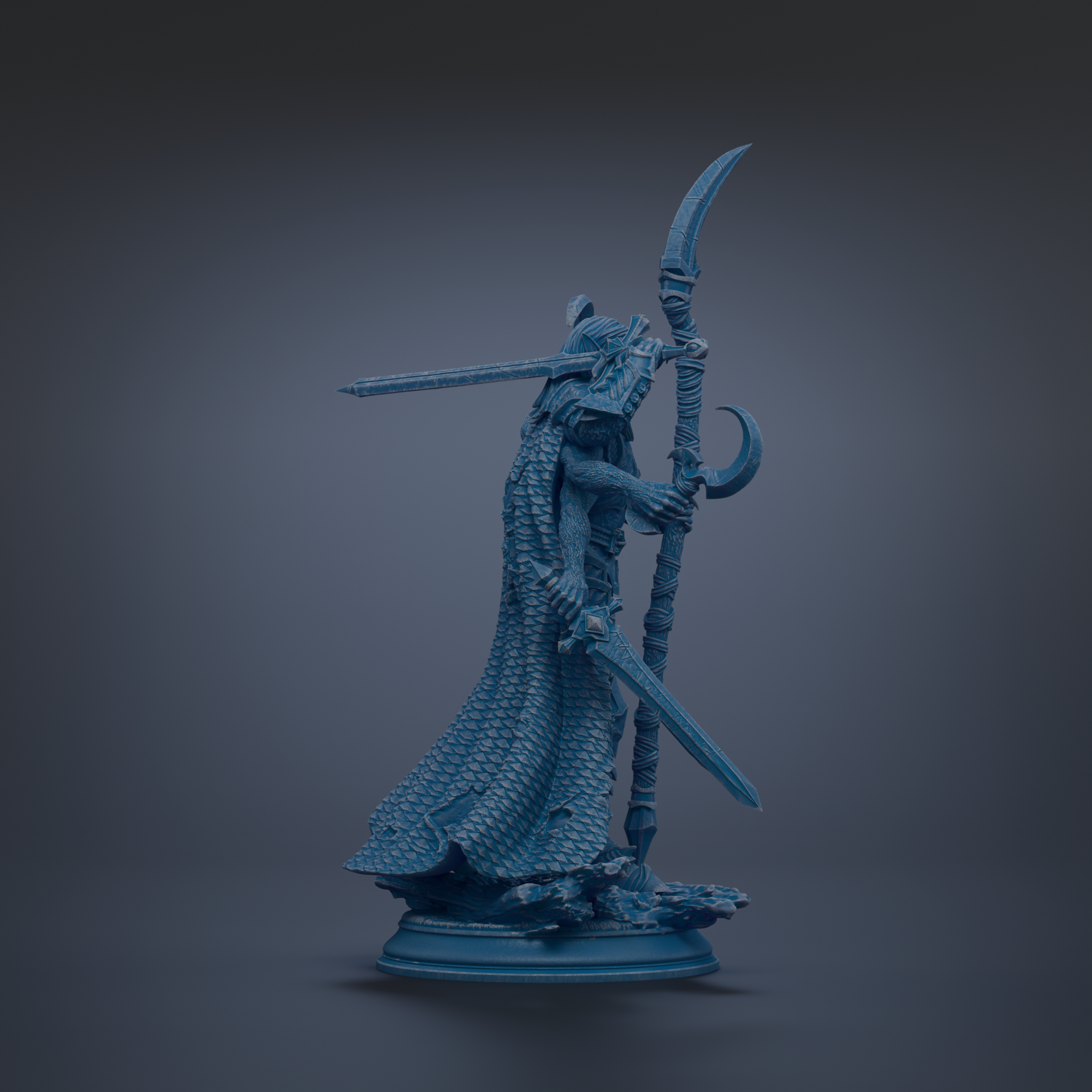 A blue statue of a figure holding a sword and shield, standing on a base.