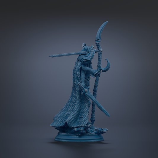 A blue statue of a figure holding a sword and shield, standing on a base.