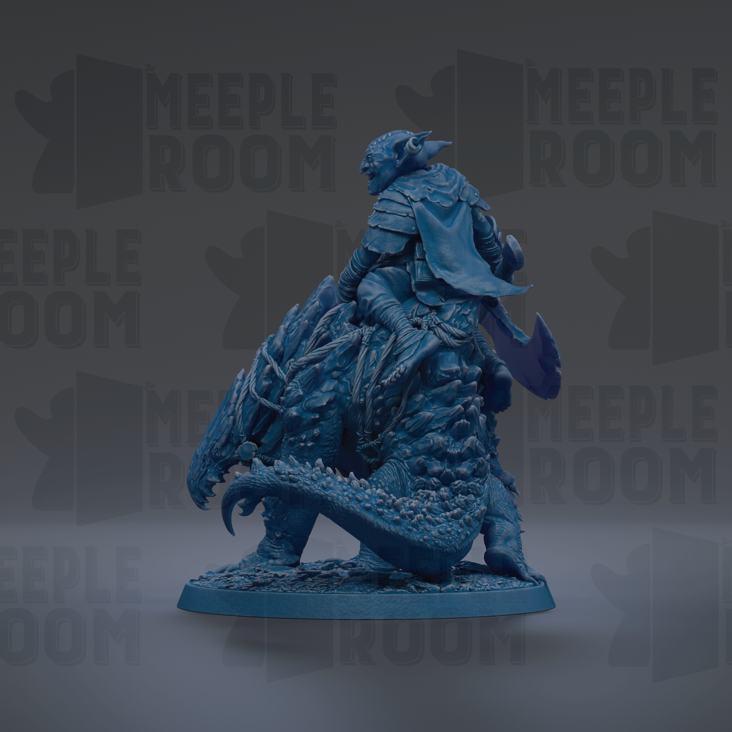 A blue figurine of a person riding a dragon-like creature, with the text "MEUPLE ROOM" repeated in the background.