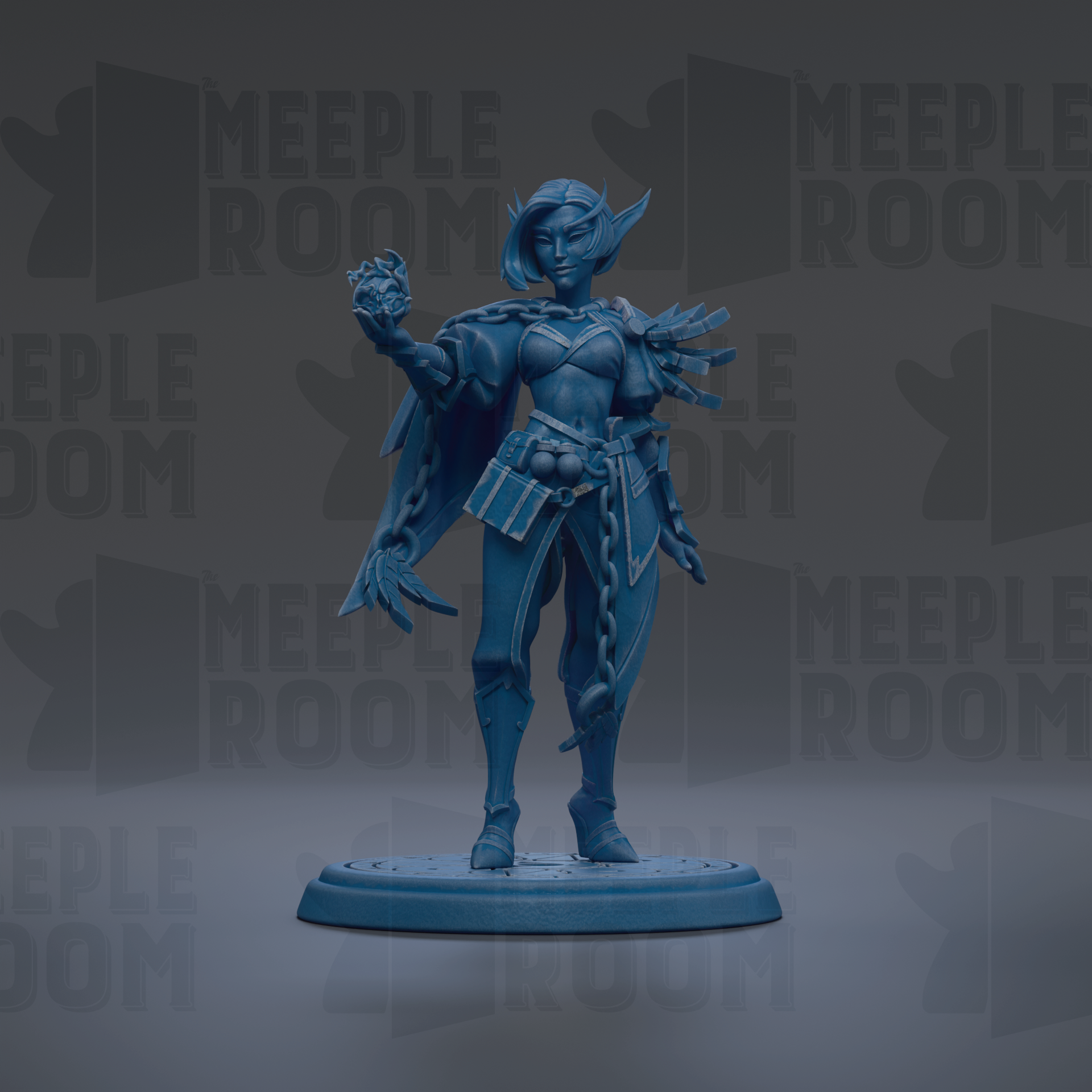 A blue figurine of a female character with a sword and shield stands on a platform against a dark background with repeated text.