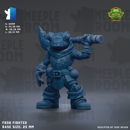 A blue frog figurine holding a sword and shield, standing in a fighting stance.