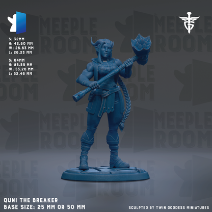 a figurine of a warrior character, specifically the "Meeple Room" character, which is a character from the video game "Meeple Room". The figurine is depicted in a dynamic pose, holding a large weapon, and is shown in a blue color. The base size of the figurine is 25mm or 50mm.
