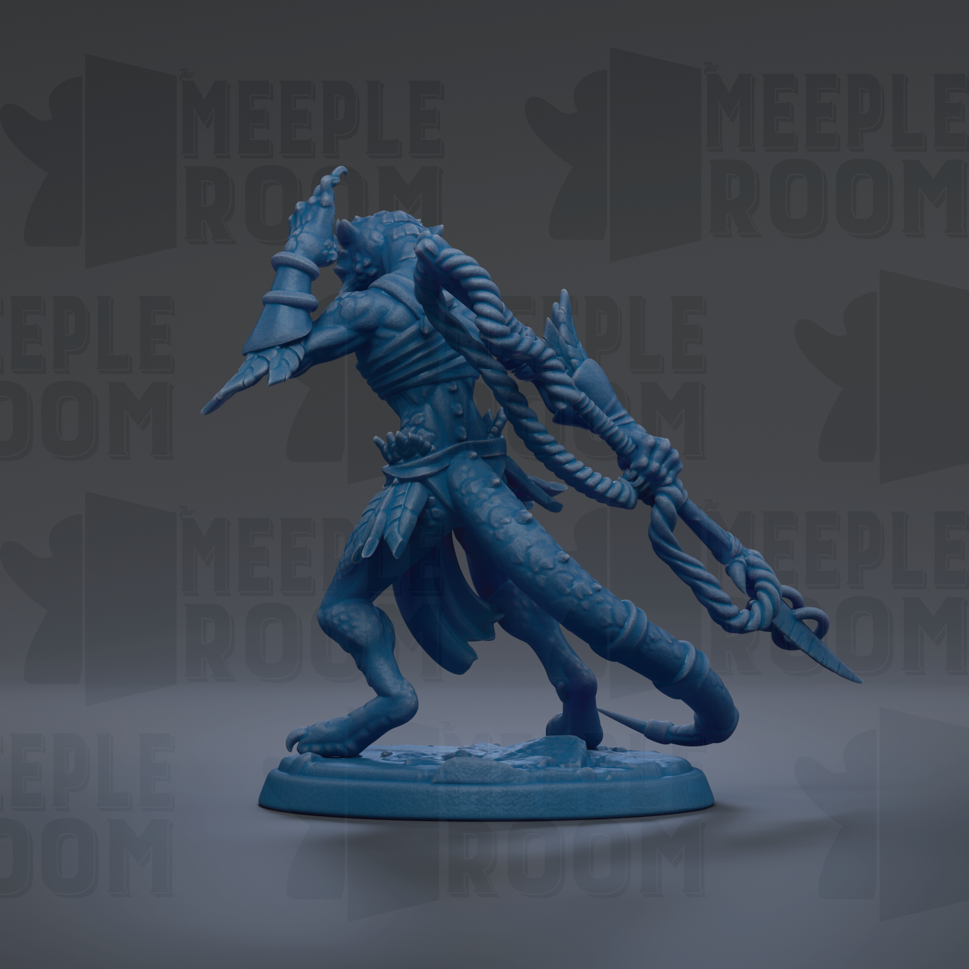 A blue figurine of a fantastical creature with intricate details and a dynamic pose, set against a dark background with repeated text.