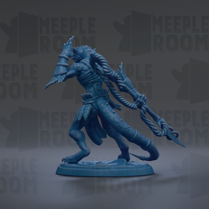 A blue figurine of a fantastical creature with intricate details and a dynamic pose, set against a dark background with repeated text.