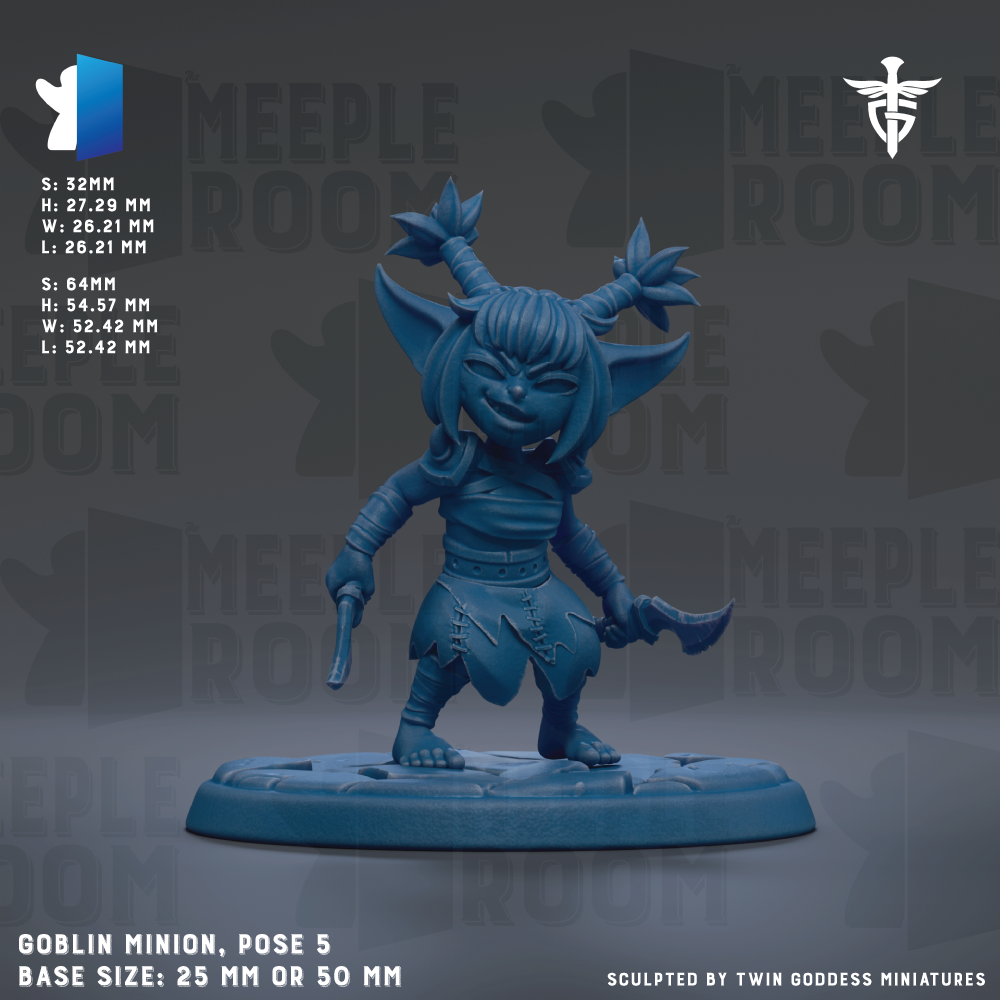 A blue figurine of a miniature character, likely a Goblin Minion, is displayed on a base. The figurine is described as having a pose of 5mm or 50mm, and it is shown in a 3D rendering. The image is a collage of various images, and it is not a single image but a collection of images. The image does not contain any text, and it does not describe each individual image. The image is not a description of the image itself, but rather a description of the image.