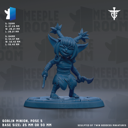 A blue figurine of a miniature character, likely a Goblin Minion, is displayed on a base. The figurine is described as having a pose of 5mm or 50mm, and it is shown in a 3D rendering. The image is a collage of various images, and it is not a single image but a collection of images. The image does not contain any text, and it does not describe each individual image. The image is not a description of the image itself, but rather a description of the image.