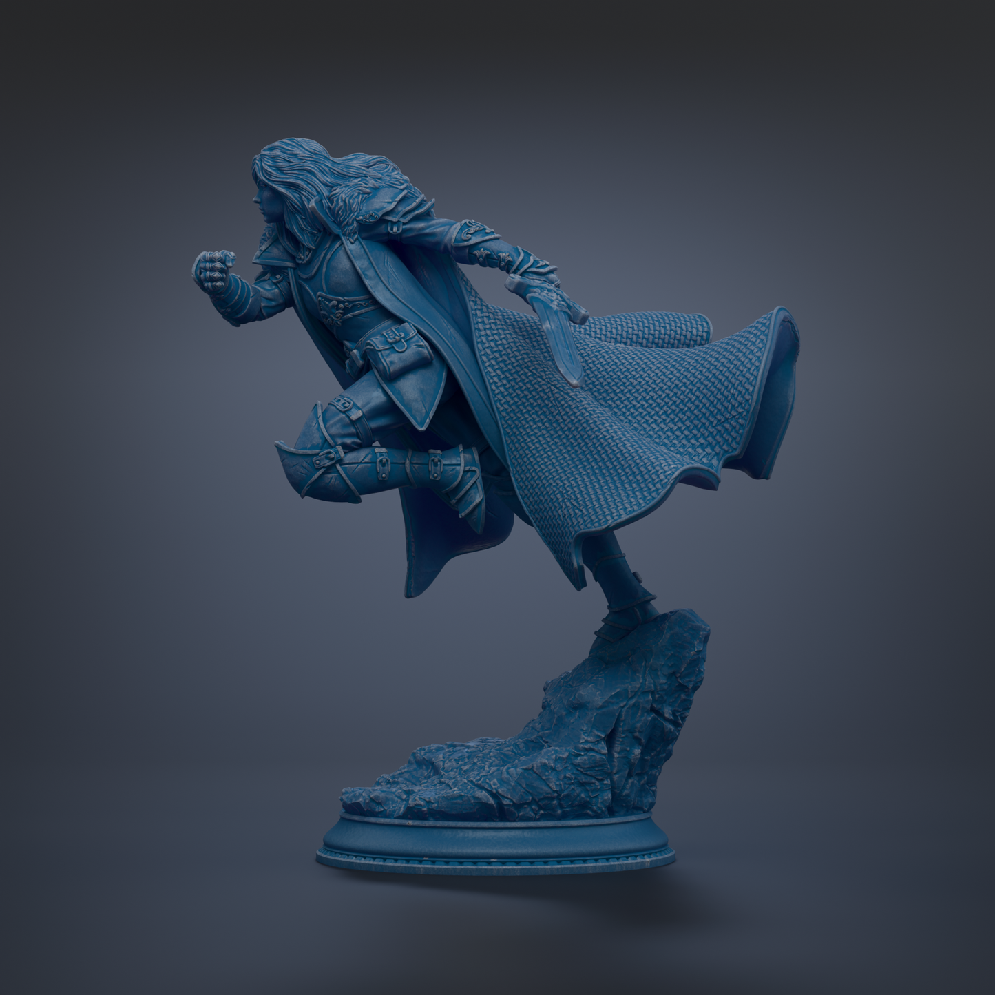 A blue statue of a person in a flowing cape, standing on a rock base against a dark background.