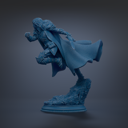 A blue statue of a person in a flowing cape, standing on a rock base against a dark background.