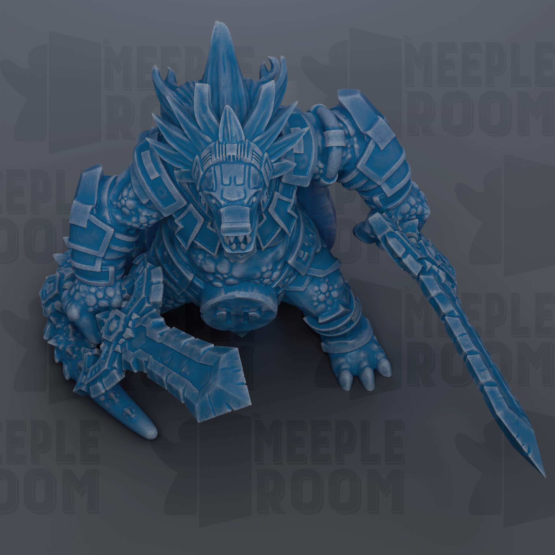 A blue, armored fantasy creature with sharp weapons, including a sword and a shield, is depicted in the image.