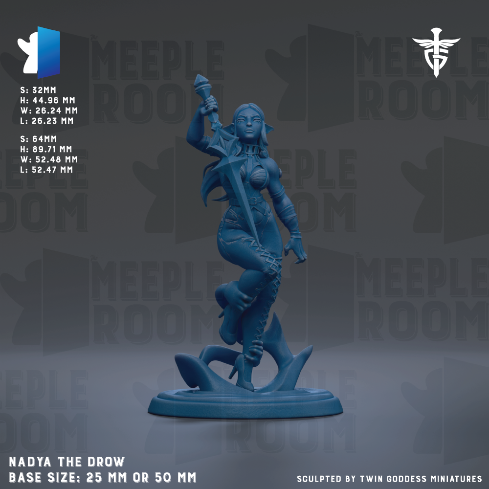 The image is a 3D model of a blue female character, specifically a character named Nadya the Drow, who is depicted in a dynamic pose with a sword in her hand. The character is shown in a base size of 25mm or 50mm, and the image is described as a "collage of multiple images" and "sculpted by Twin Goddess Miniatures".