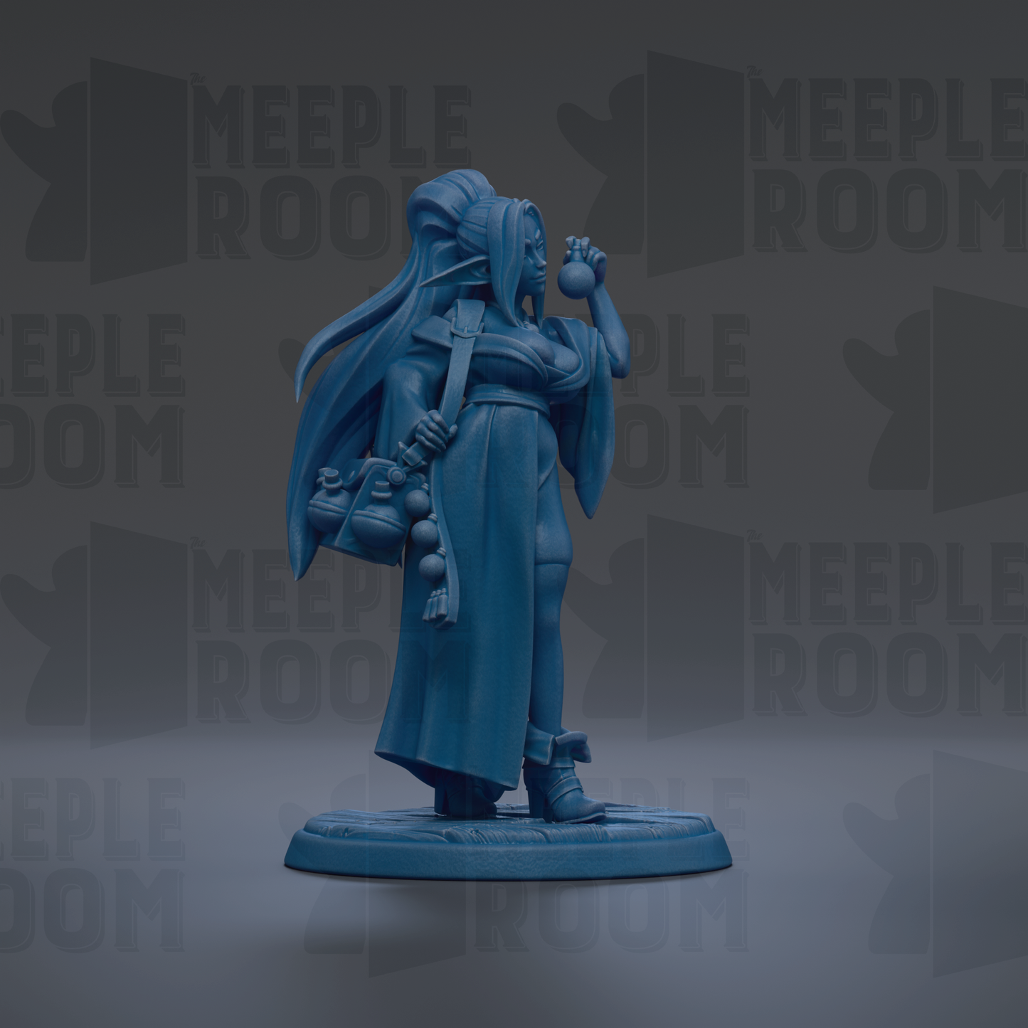 A blue figurine of a person with long hair and a flowing robe, holding a staff and a bag, standing on a base against a dark background with repeated text.
