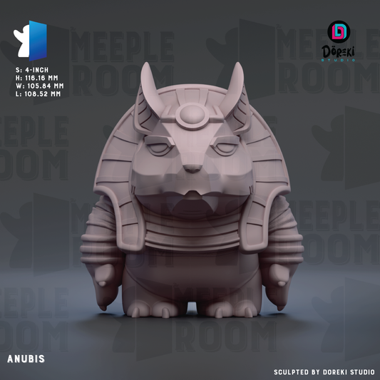 a 3D rendering of a statue of the Egyptian deity Anubis, which is a jackal-headed deity associated with the afterlife and embalming.