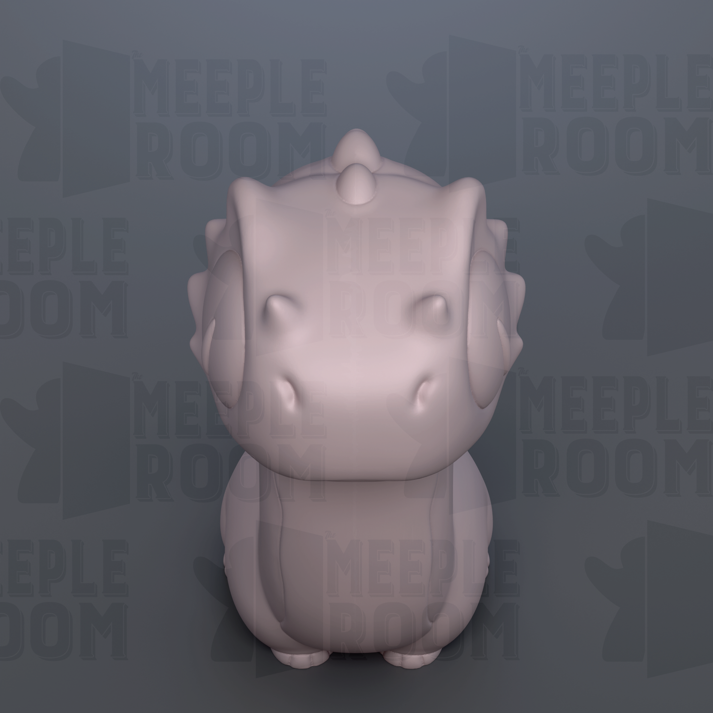 A 3D rendering of a small, white, cartoon-like creature with a round head and sharp teeth, set against a dark background with repeated text.