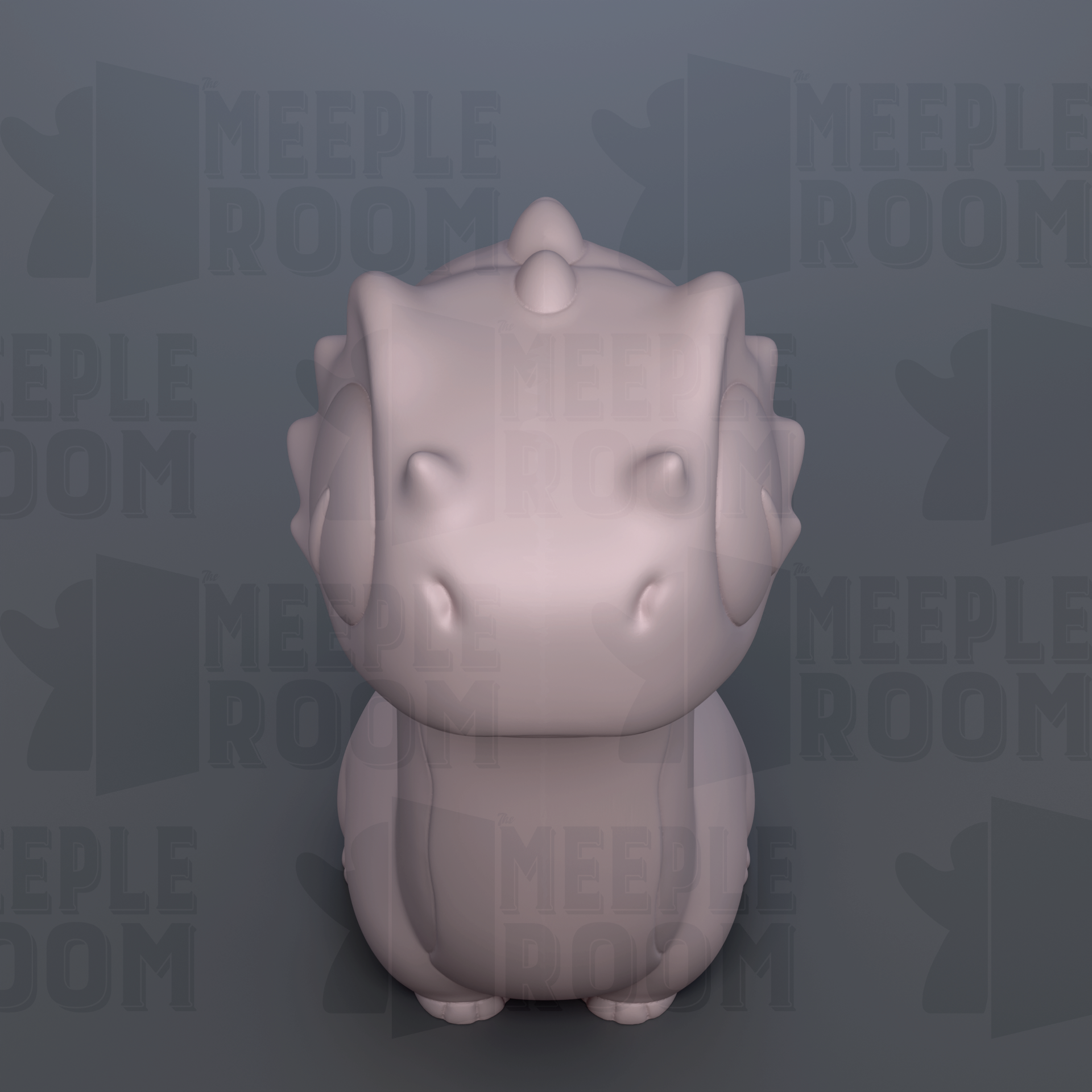 A 3D rendering of a small, white, cartoon-like creature with a round head and sharp teeth, set against a dark background with repeated text.