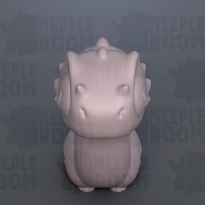 A 3D rendering of a small, white, cartoon-like creature with a round head and sharp teeth, set against a dark background with repeated text.