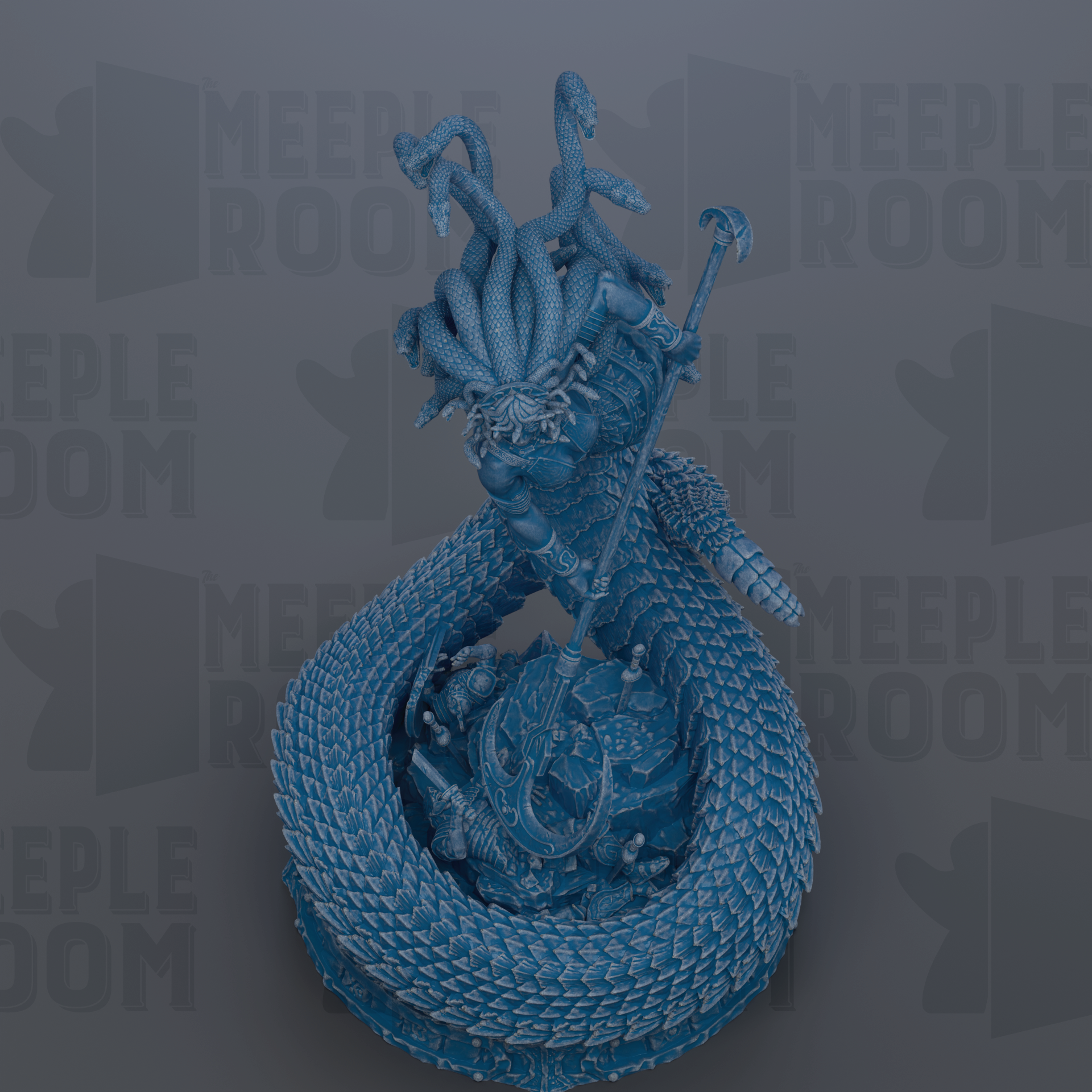 A detailed 3D rendering of a blue, snake-like creature with intricate scales and a coiled body, set against a dark background with repeated text.