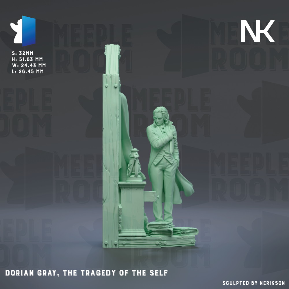 The image is a 3D rendering of a statue of a man, specifically depicting the character Dorian Gray from the novel "The Tragedy of the Self" by William Shakespeare. The statue is standing on a pedestal and is positioned in front of a mirror, with the text "DORIAN GRAY, THE TRagedy of the SELF" and "Sculpted by NERIKSON" visible.
