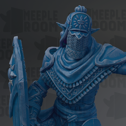 A detailed 3D rendering of a blue armored knight figure, with intricate armor and a distinctive helmet adorned with a flower design.