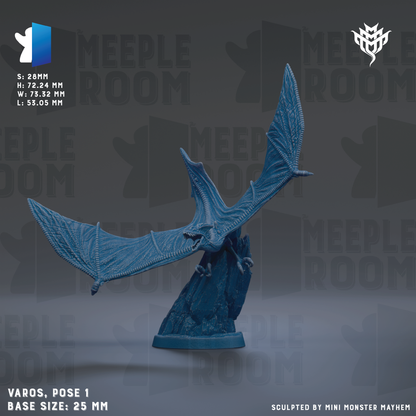 a blue bat-like creature with wings spread, standing on a rock formation.