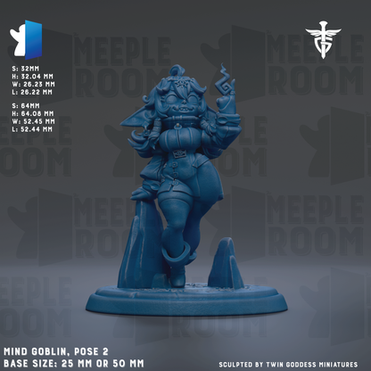 The image is a 3D model of a blue figurine of a character, likely a deity or a deity-like figure, with various accessories and a detailed design. The figurine is posed in a standing position, and the base size is either 25mm or 50mm. The image is a 3D rendering of the figurine, and it is described as a "MIND GOBBLIN, POSE 2" and "Sculpted by Twin Goddess miniatures".