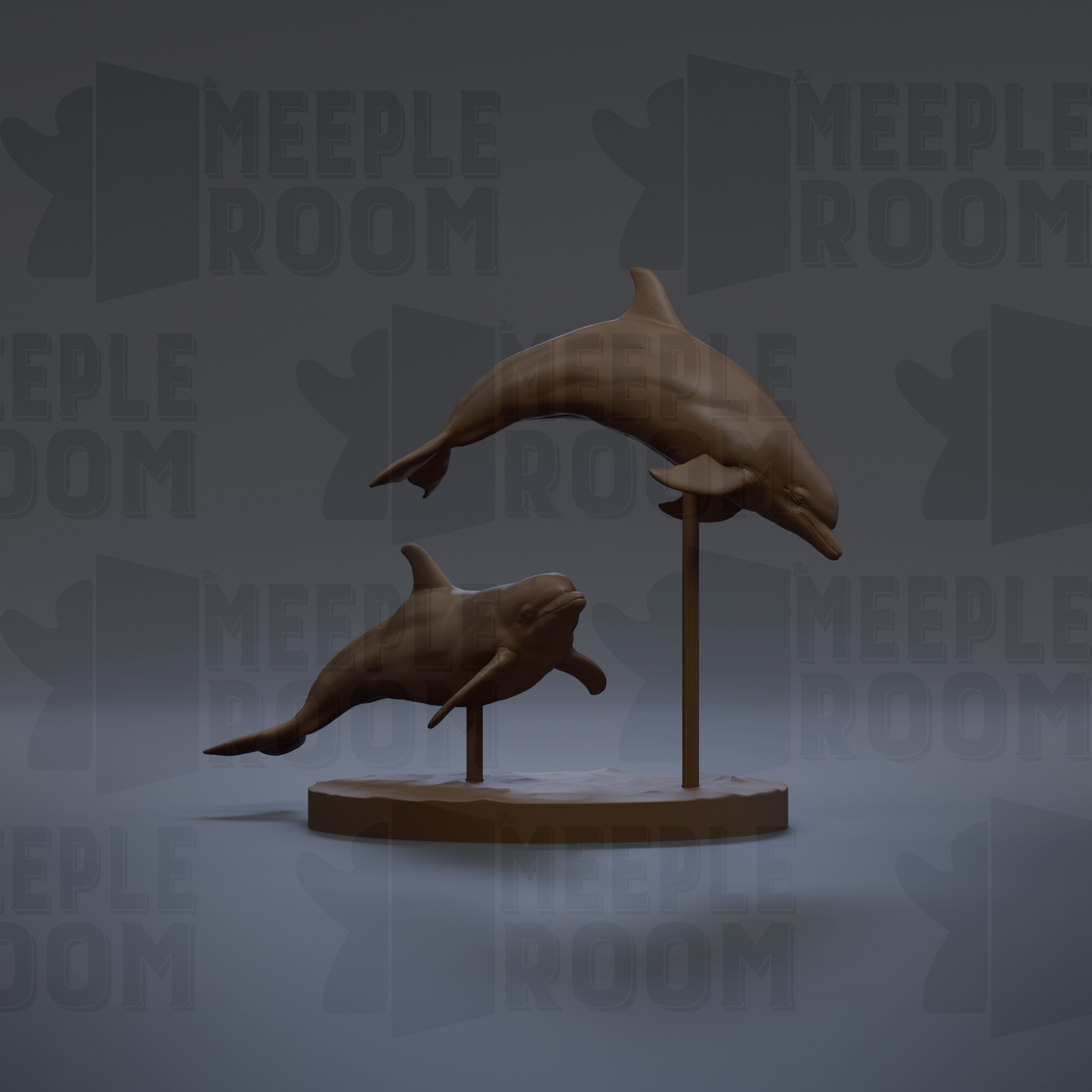 two bronze sculptures of dolphins leaping out of the water, displayed on a circular base.