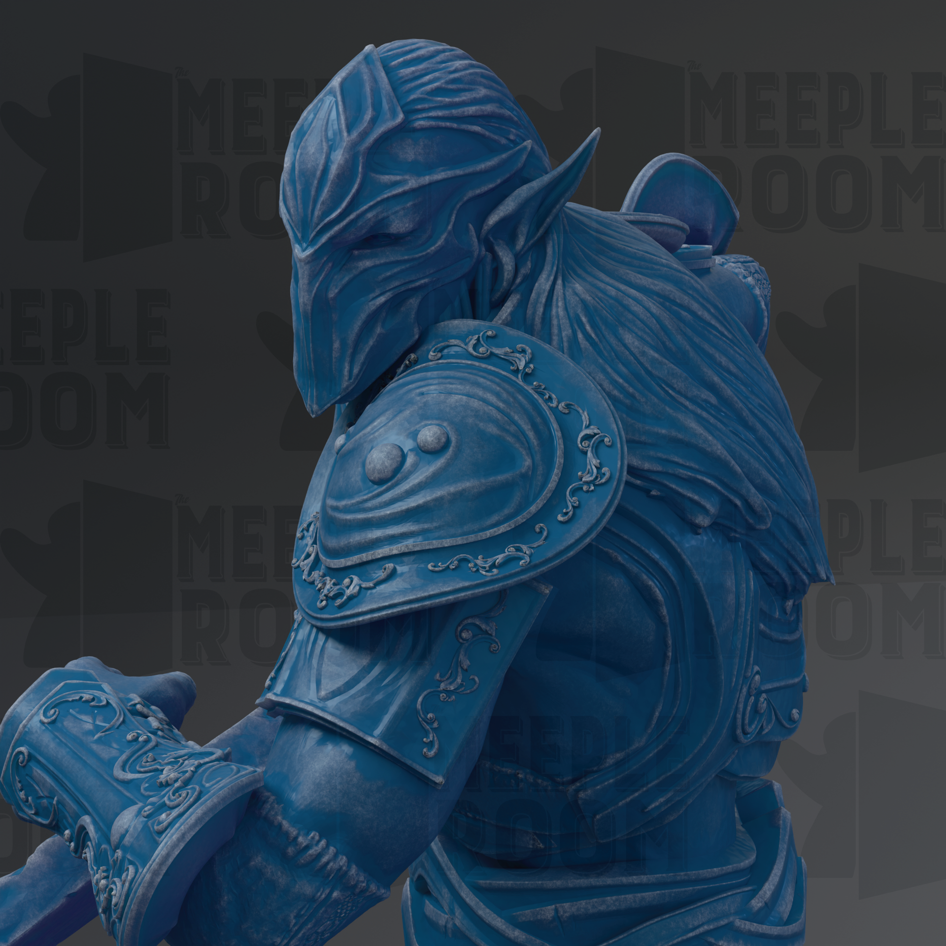 A detailed 3D rendering of a blue armored figure, possibly a warrior or knight, with intricate designs and patterns on the armor.