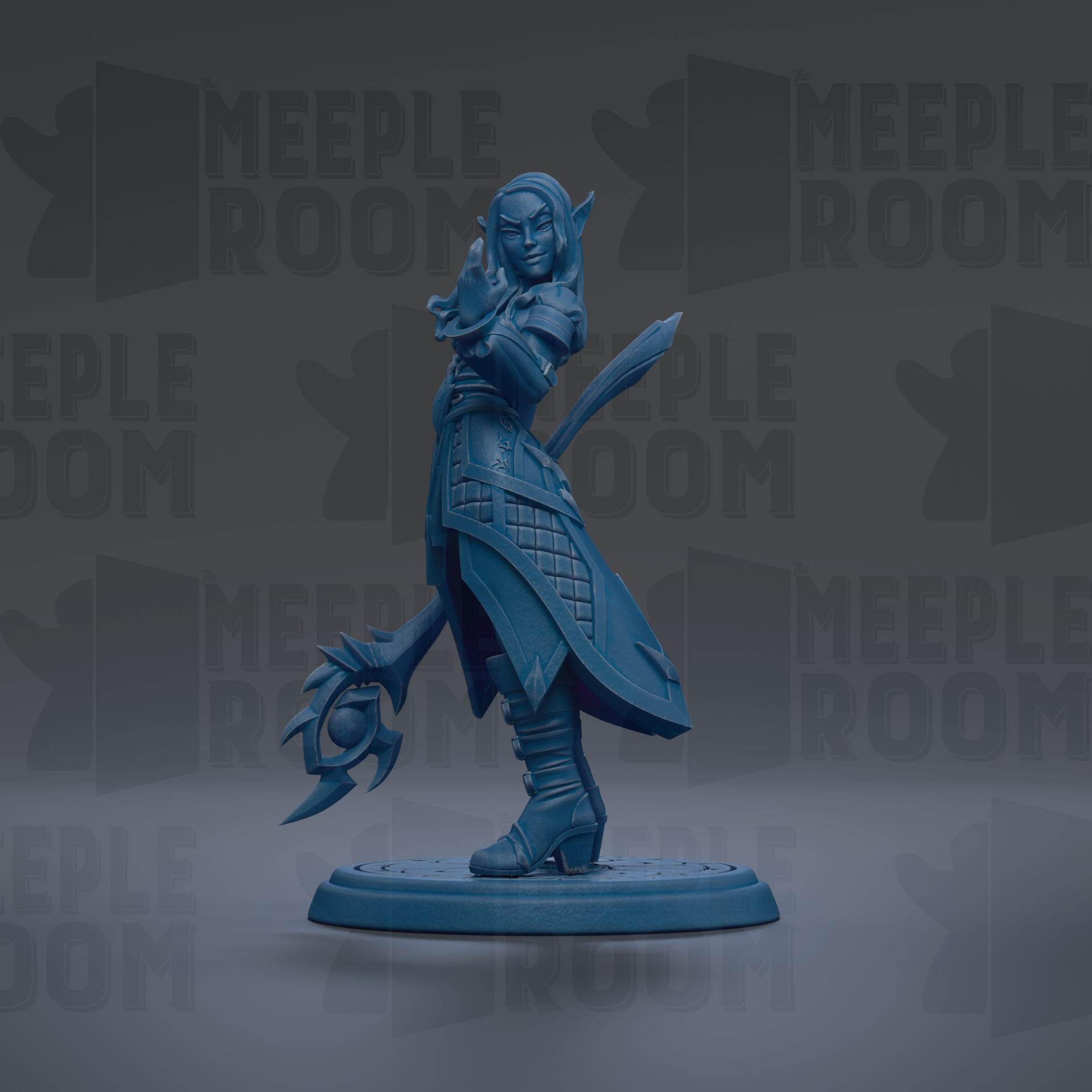 A blue figurine of a female character with a sword and shield, standing on a platform against a dark background with repeated text.