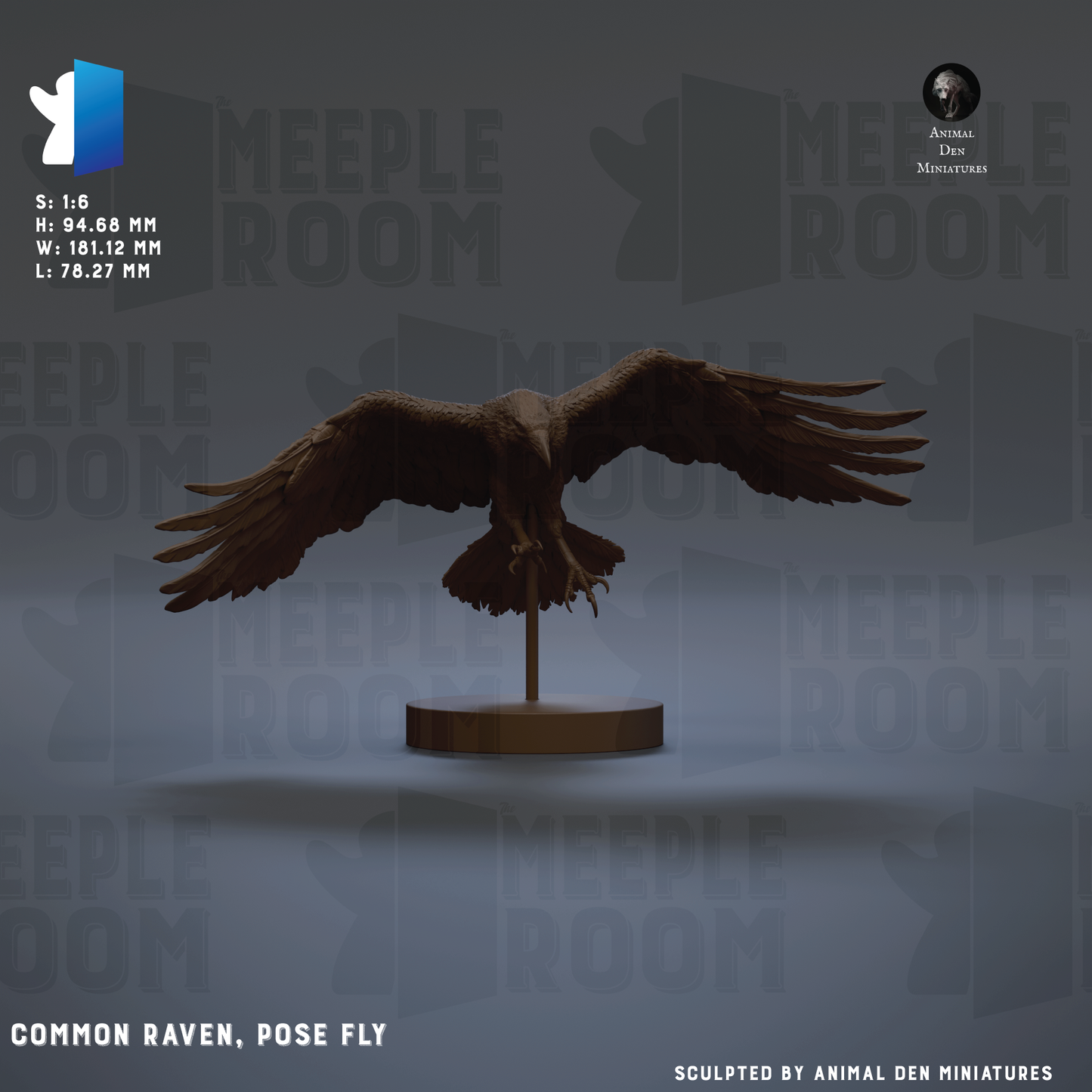 The image is a 3D rendering of a Common Raven, a pose fly, displayed on a stand. The background features the repeating text "MEIPLE ROOM" in various sizes and orientations, creating a pattern that covers the entire image.
