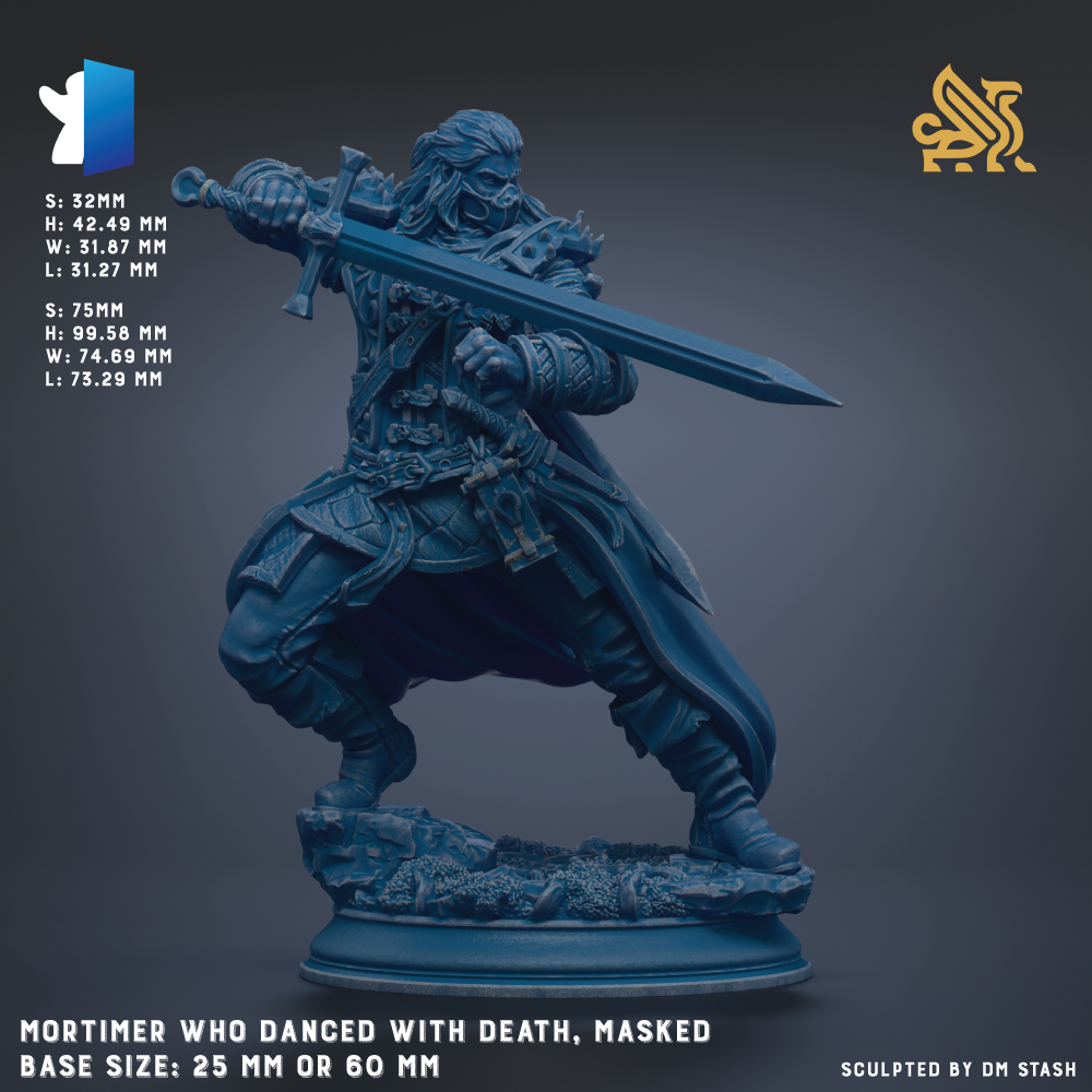 a figurine of a masked warrior, possibly a Mortimer figure, who is dancing with death. The figurine is shown in a dynamic pose, holding a sword and wearing a mask. The base size of the figurine is either 25mm or 60mm. The image is a sculpted piece, and it is created by the artist who has sculpted the figure.