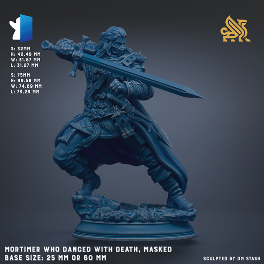 a figurine of a masked warrior, possibly a Mortimer figure, who is dancing with death. The figurine is shown in a dynamic pose, holding a sword and wearing a mask. The base size of the figurine is either 25mm or 60mm. The image is a sculpted piece, and it is created by the artist who has sculpted the figure.