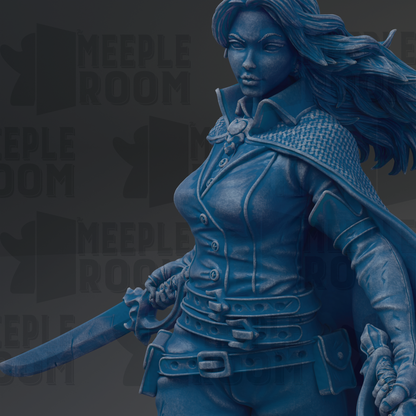 A close-up of a female character with flowing hair, wearing a cape and holding a sword, set against a dark background with repeated text.