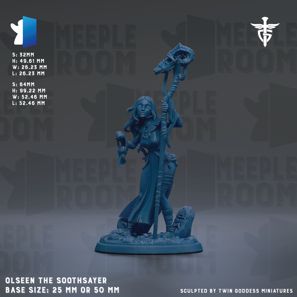 The image is a figurine of a woman with a staff, standing on a base. The figurine is described as "Olseen the Sothsayer" and is shown in various sizes, including 25mm and 50mm. The background of the image is a dark gray color, and the text "MEEPLE ROOM" is visible.