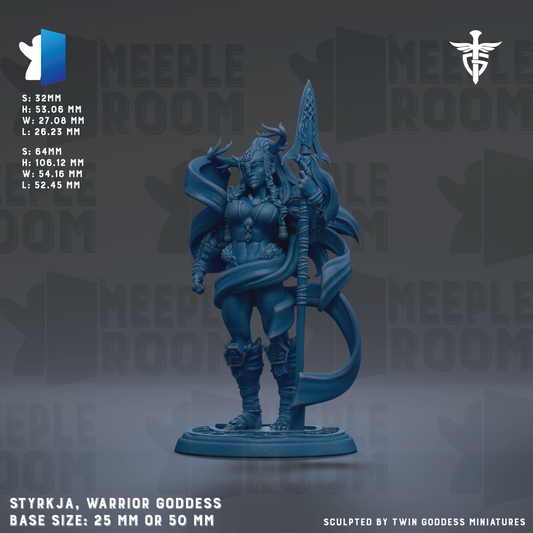 a blue warrior goddess statue with a large sword and a flowing cape, standing on a base. The statue is described as a "SYRKJA. WARRIOR GODESS" and is shown in various sizes, including 25mm and 50mm. The image is a collage of multiple images, and the phrase "SYRKJA. WARRIOR GODESS" is repeated throughout.