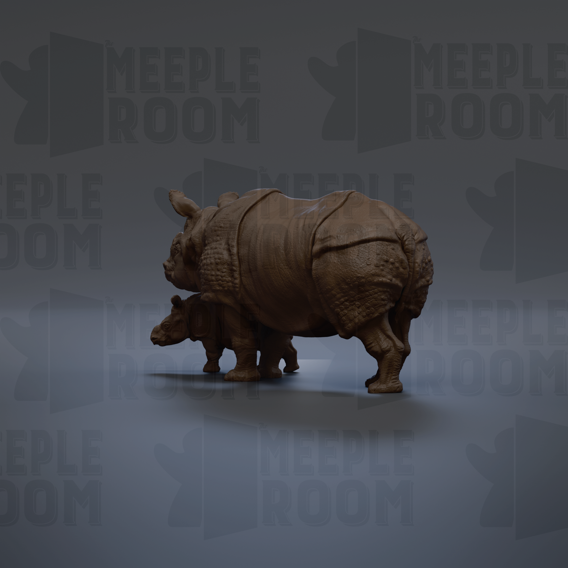 A 3D rendering of a rhinoceros and its calf, with the text "MEIPLLE ROOM" repeated in the background.