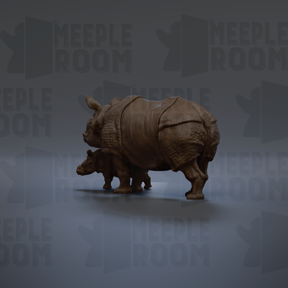 A 3D rendering of a rhinoceros and its calf, with the text "MEIPLLE ROOM" repeated in the background.