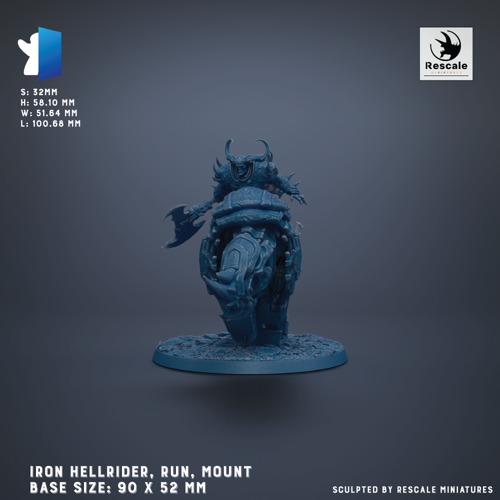 a blue figurine of an Iron Hellrider, a type of armored warrior, mounted on a motorcycle. The figurine is shown in a dynamic pose, with the rider holding a weapon. The base size of the figurine is 90 x 52 mm. The image is a collage of multiple images, and it is described as being sculpted by Rescale miniatures.