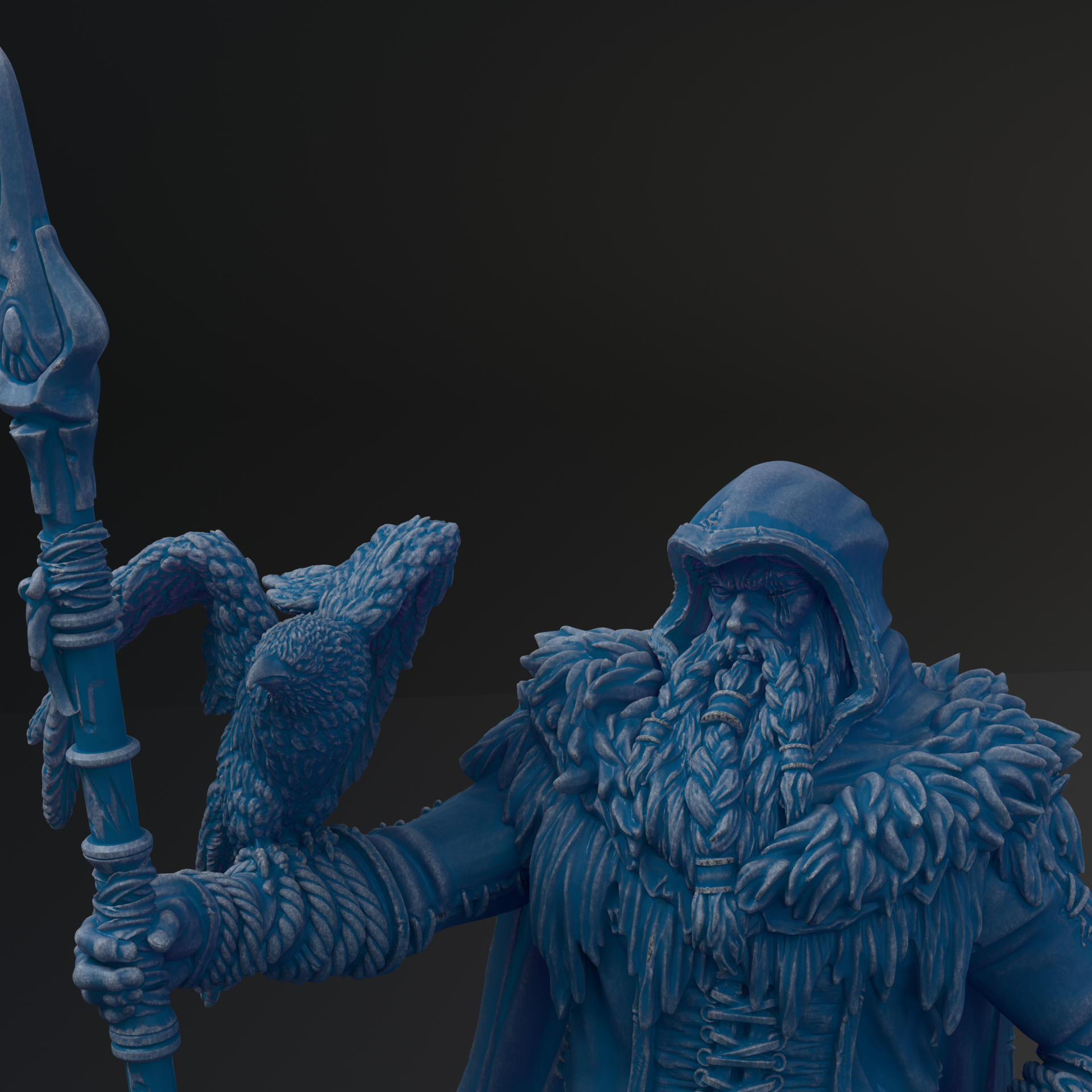 A detailed 3D rendering of a blue-colored statue depicting a bearded man holding a spear and a bird.