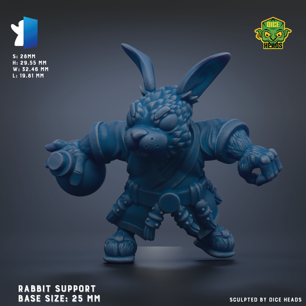 A 3D rendering of a blue rabbit figurine with a detailed design, standing on a dark background.