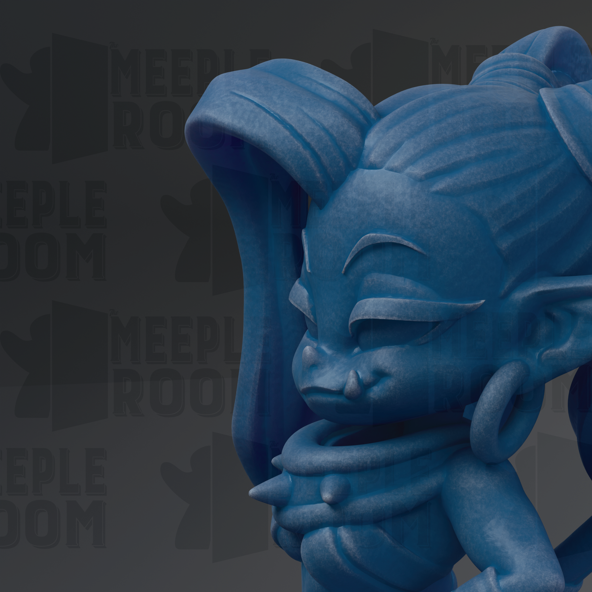 A close-up of a blue, cartoonish statue with a pensive expression.