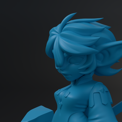 A 3D rendering of a blue, cartoon-like character with a pointed head and large ears, standing against a dark background.