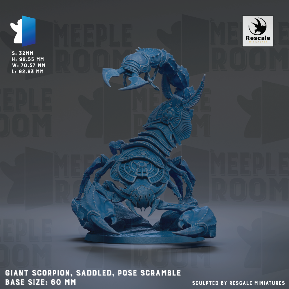 a large, detailed blue model of a giant scorpion, which is a type of armored arthropod. The model is shown in a posed position, with its legs spread out and its head raised. The image is described as a "sculpted by Rescue" model, indicating that it is a professionally crafted miniature. The base size of the model is 60 millimeters.